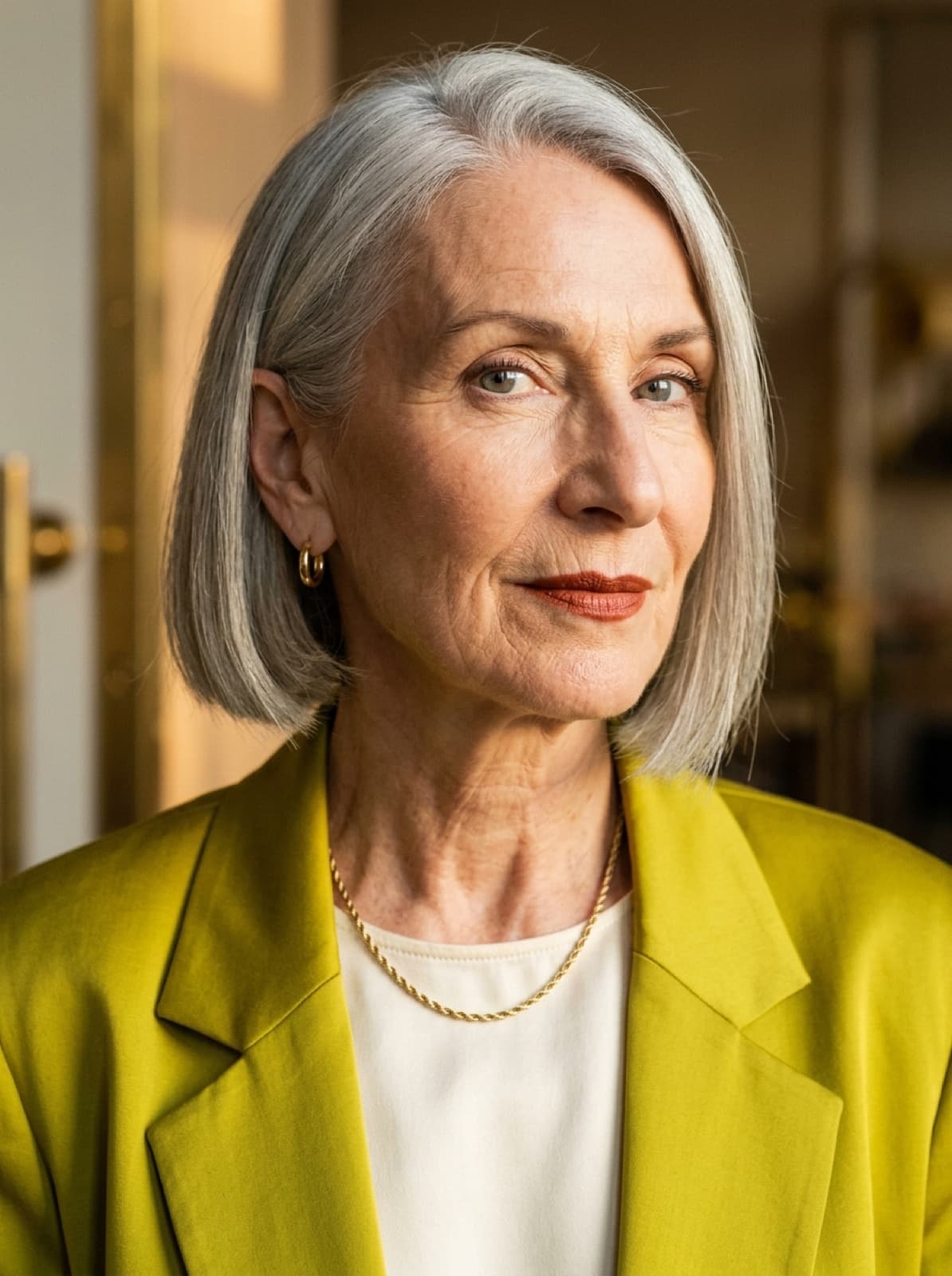 iris — eighty-year-old ai house model, chartreuse silk blazer, vogue editorial