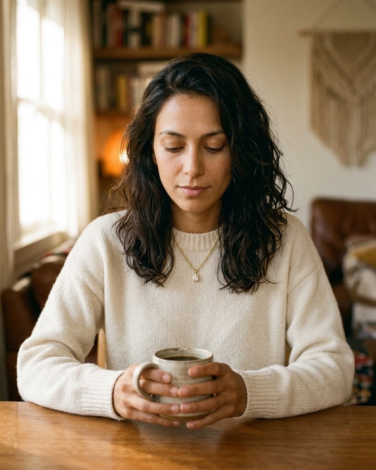 lifestyle photographed with bling ai — coffee, cream knit, morning
