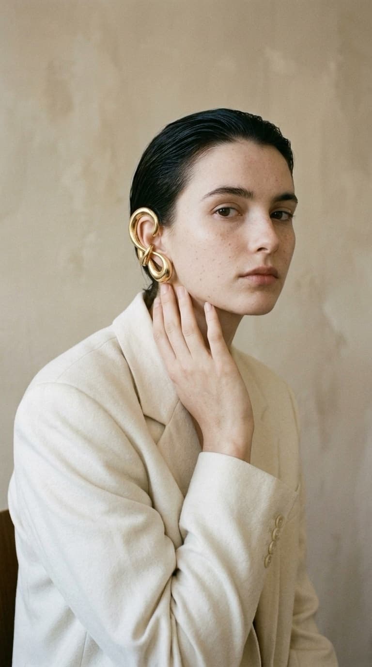 house model delphine wearing sculptural gold earrings — a campaign-ready result generated by bling ai