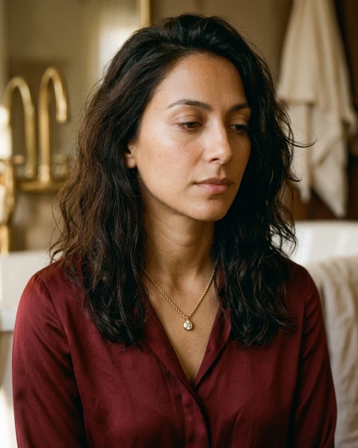 lifestyle photographed with bling ai — mira portrait, oxblood silk