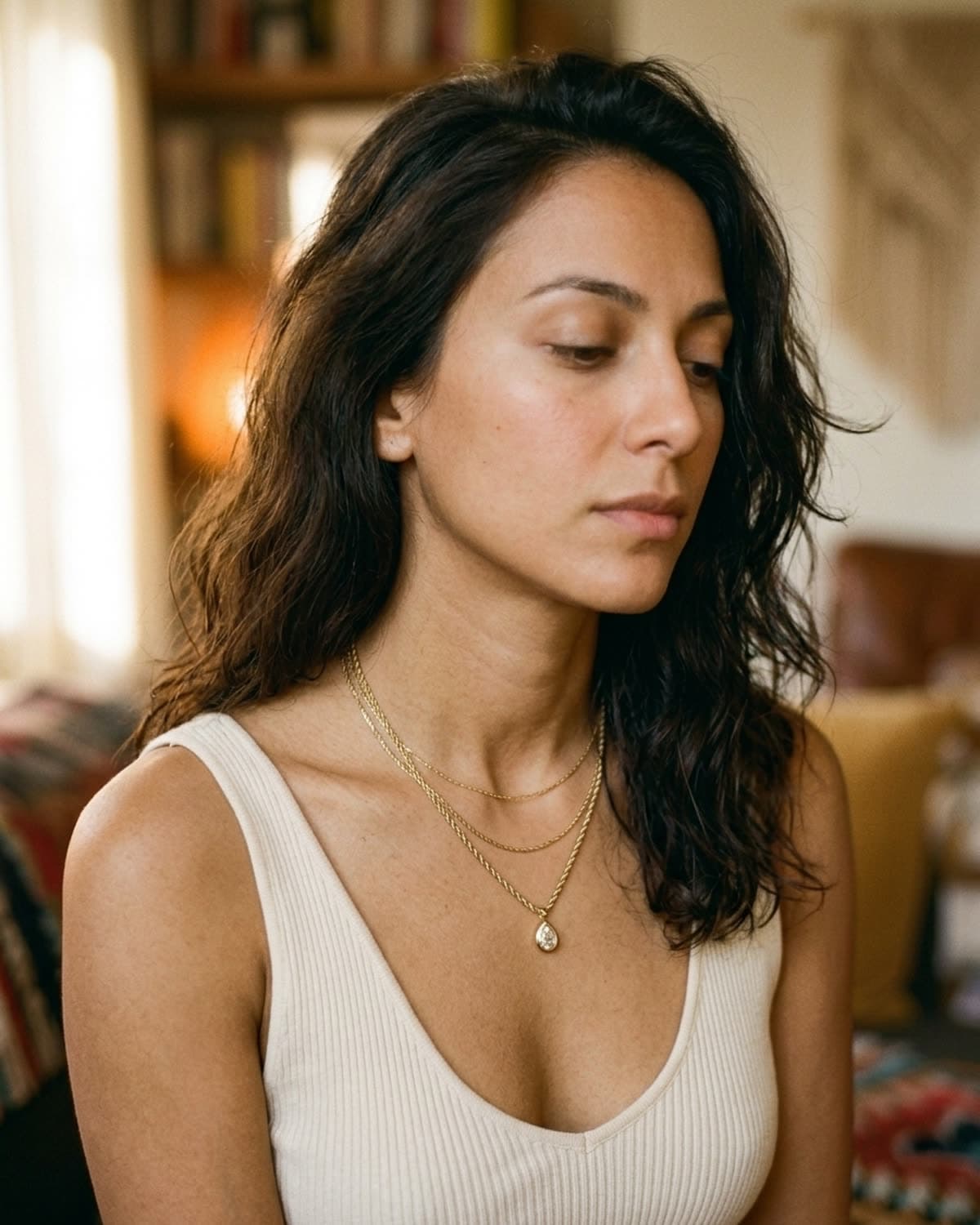 necklace photographed with bling ai — layered stack, warm light