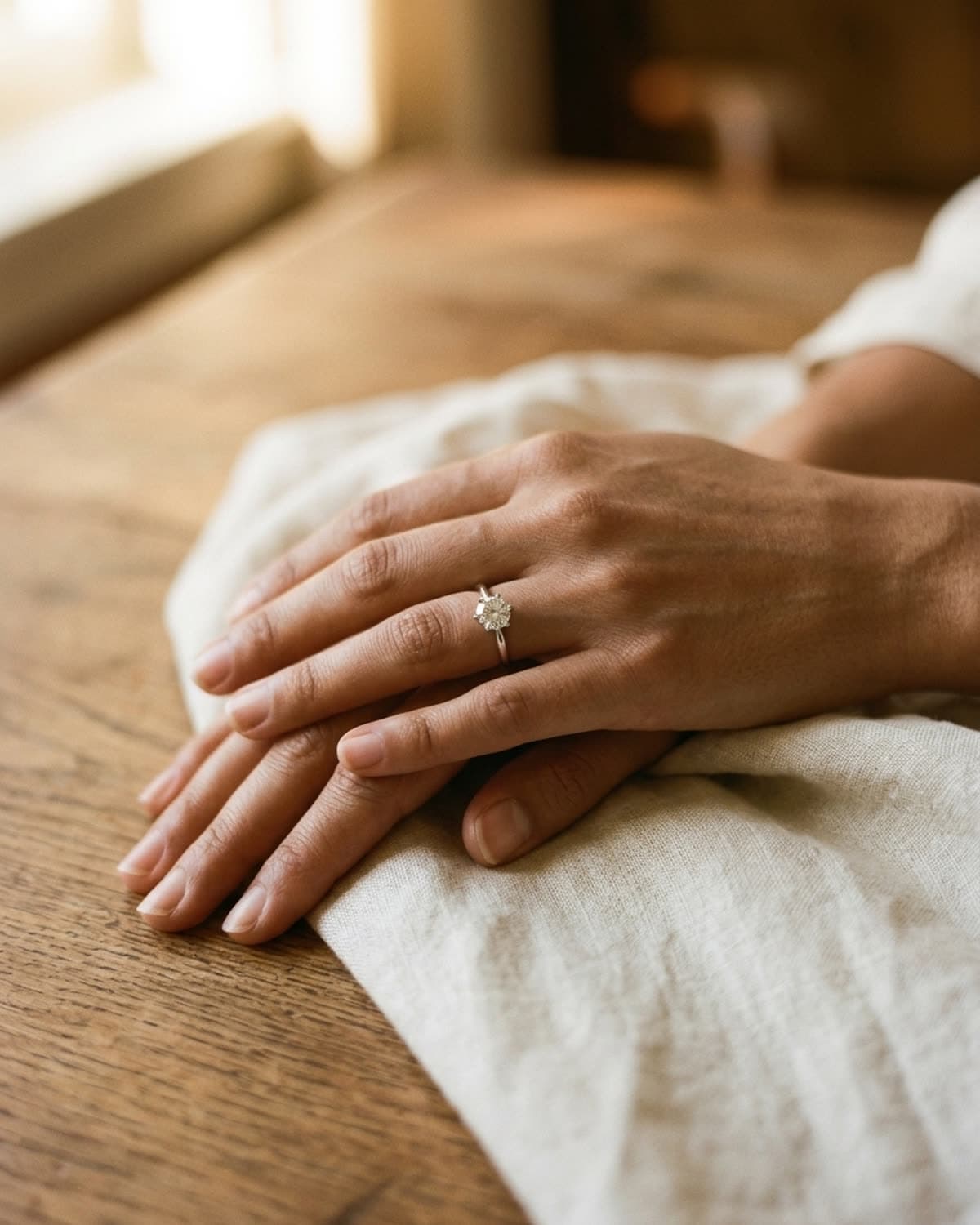 ring photographed with bling ai — cream linen, golden hour