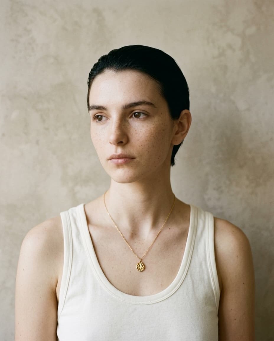 fresco studio, warm plaster quiet luxury jewelry photography, a gold pendant on a model in soft natural daylight