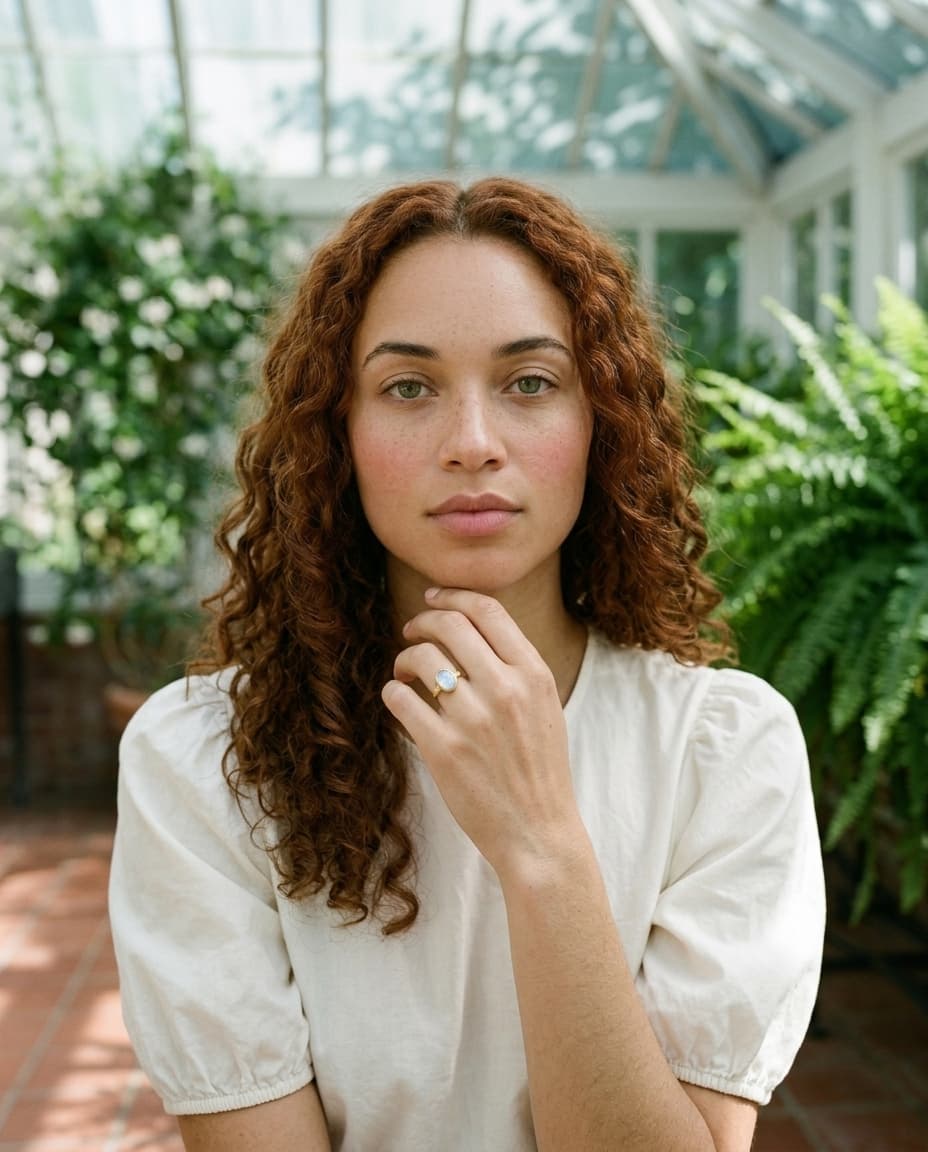verdure studio — botanical ai jewelry photography, victorian conservatory, climbing jasmine, dappled light